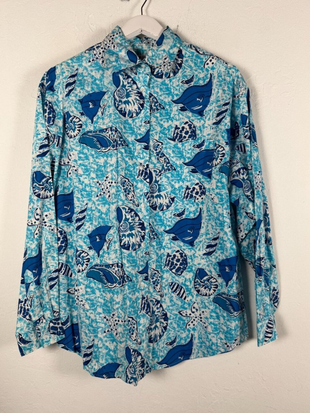 Vintage French Navy Sea Shell Fish Print Button Up Blouse Long Sleeve Meidum